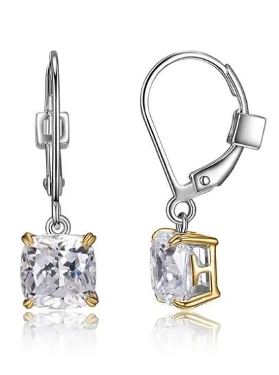 ELLE STERLING SILVER LEVER BACK EARRINGS WITH CZ, 2-TONE, RHODIUM AND 18K YELLOW GOLD PLATING