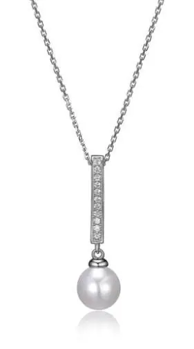 ELLE STERLING SILVER NECKLACE WITH FRESHWATER PEARL AND CZ, 18″+2″, RHODIUM PLATING