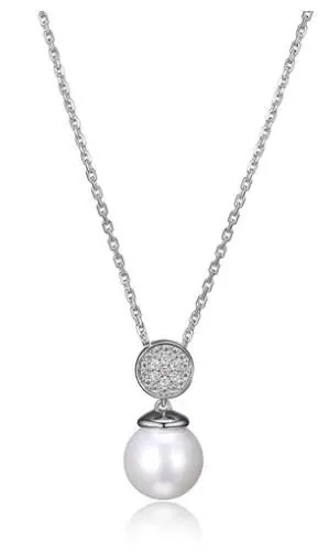 ELLE STERLING SILVER NECKLACE WITH FRESHWATER PEARL AND CZ, 18″+2″, RHODIUM PLATING