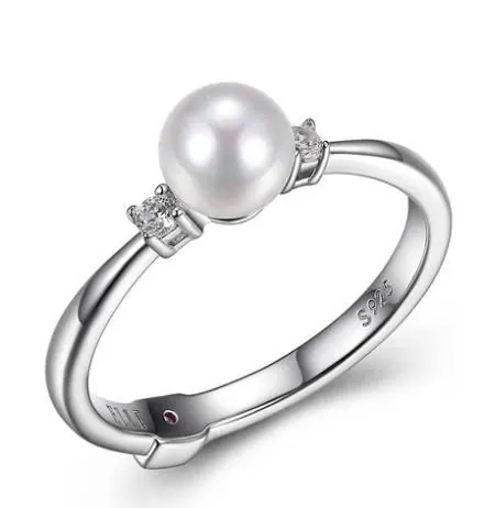 ELLE STERLING SILVER RING WITH FRESHWATER PEARL AND CZ, SIZE 7, RHODIUM PLATING