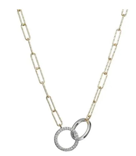 Sterling Silver Necklace made with Diamond Cut Paperclip Chain (3mm) and 2 Circles in Center, Measures 17″ Long, Plus 2″ Extender for Adjustable Length, 2 Tone, 18K Yellow Gold and Rhodium Finish