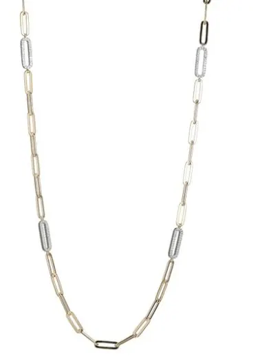 Sterling Silver Station Necklace made with Paperclip Chain (5mm) and 4 Double Sided CZ Links (18x6mm), Measures 24″ Long, 2 Tone, 18K Yellow Gold and Rhodium Finish
