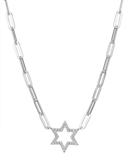 Sterling Silver Necklace made with Paperclip Chain (3mm) and CZ Star of David (16x16mm) in Center, Measures 17″ Long, Plus 2″ Extender for Adjustable Length, Rhodium Finish