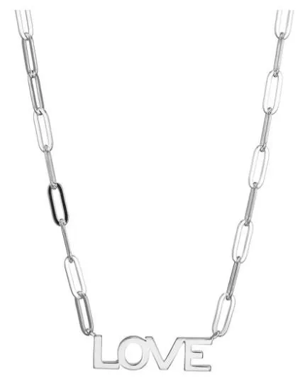 Sterling Silver Necklace made with Paperclip Chain (3mm) and Word “LOVE” in Center, Measures 17″ Long, Plus 2″ Extender for Adjustable Length, Rhodium Finish