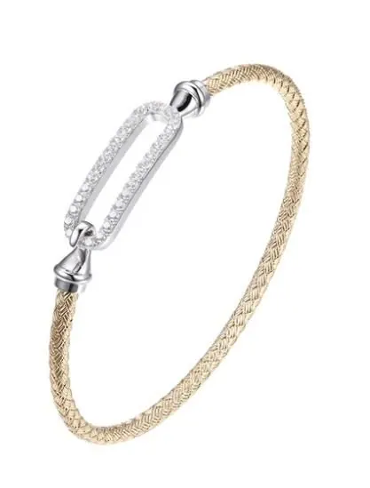 Sterling Silver 3mm Mesh Hook Bangle with CZ Link (24x8mm) in Center, 2 Tone, 18K Yellow Gold and Rhodium Finish