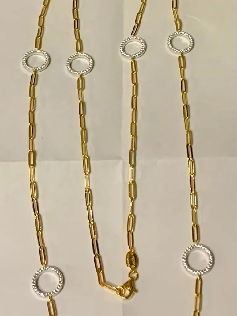 Sterling Silver Station Necklace made with Paperclip Chain (3mm) and 6 Pieces Double Sided CZ Links , Measures 36″ Long, 18K Yellow Gold Finish view 2