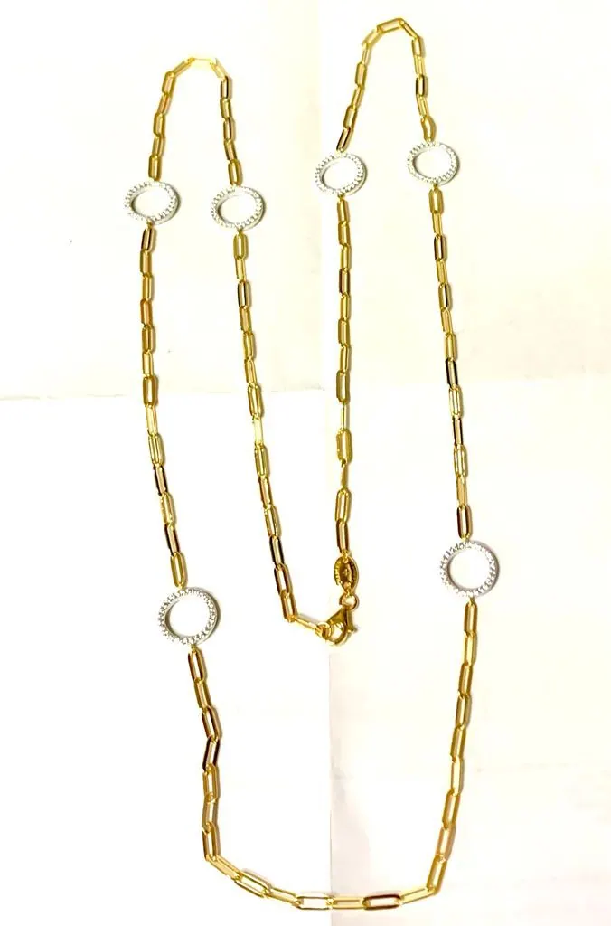 Sterling Silver Station Necklace made with Paperclip Chain (3mm) and 6 Pieces Double Sided CZ Links , Measures 36″ Long, 18K Yellow Gold Finish view 3