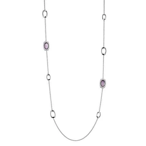 Sterling Silver Station Necklace with Oval Shape Genuine Amethyst (11x7x3.5mm) and CZ, Measures 36″ Long, Rhodium Plated