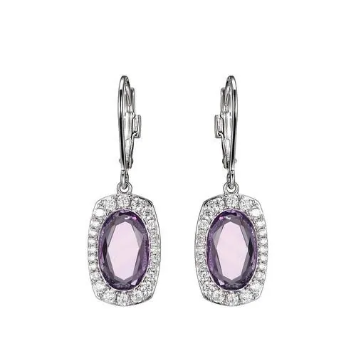 Sterling Silver Earrings with Oval Shape Genuine Amethyst (11x7x3.5mm) and CZ, Lever Back, Rhodium Plated