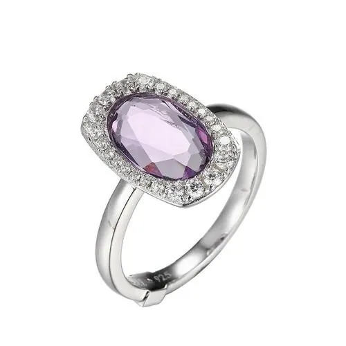 Sterling Silver Ring with Oval Shape Genuine Amethyst (11x7x3.5mm) and CZ, Size 7, Rhodium Plated
