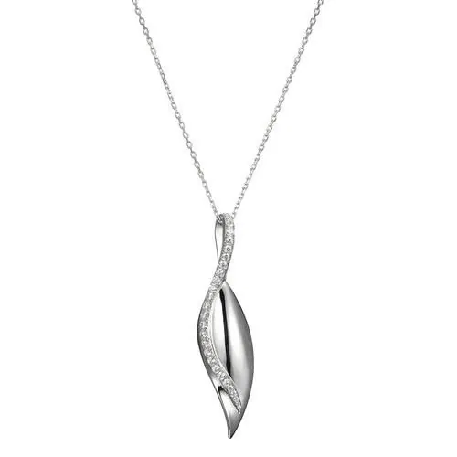 Sterling Silver Necklace, Leaf (54.5x13mm) with CZ, Measures 32″ Long, Plus 2″ Extender for Adjustable Length, Rhodium Plated
