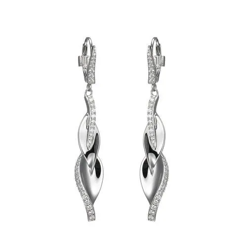 Sterling Silver Earrings, 2-Leaf (36x8mm) with CZ, Lever Back, Rhodium Plated