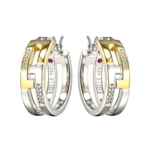 Sterling Silver Interlock Rectangle Hoop Earrings with CZ, 18mm, Snap Bar, 2 Tone, Rhodium and Yellow Gold Plated