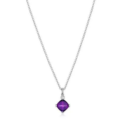 Sterling Silver Necklace made of Synthetic Dark Amethyst (Cushion 12x12x5mm) and CZ, 18″+2″, Rhodium Plated