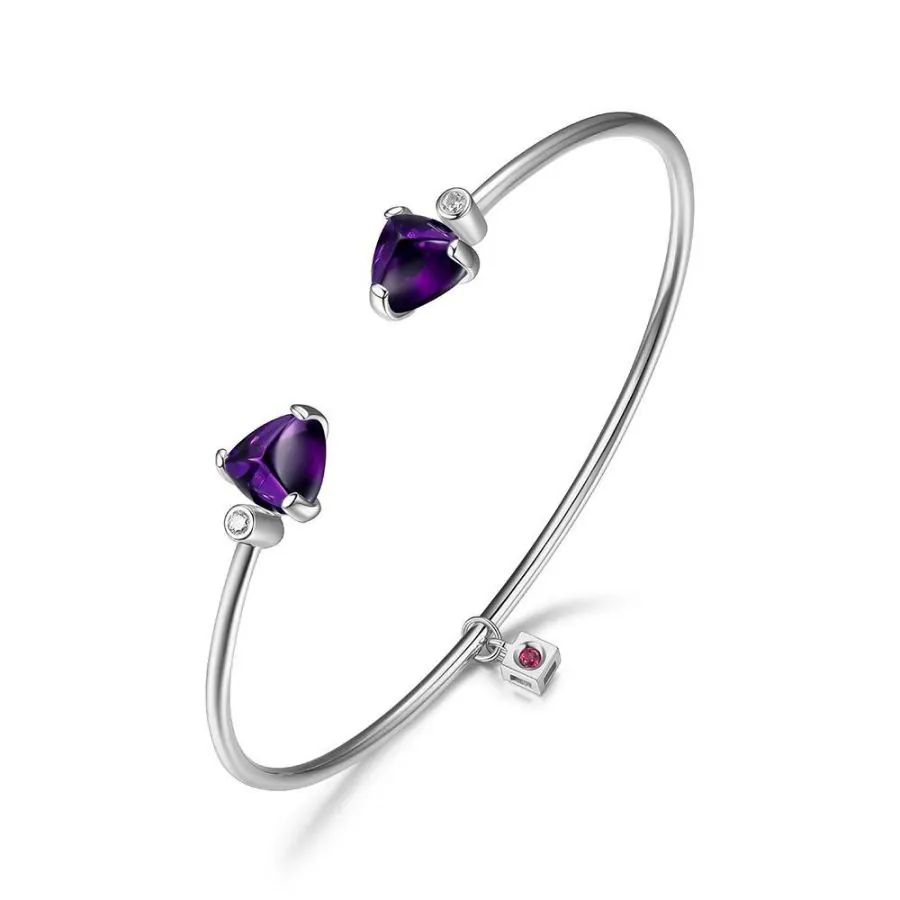 Sterling Silver Cuff made of Synthetic Dark Amethyst (Triangle 8x8x5mm) and CZ, 6.75″, Rhodium Plated