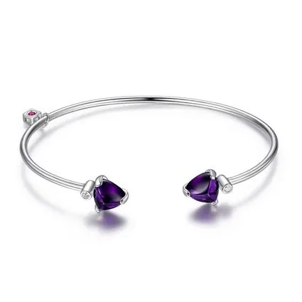 Sterling Silver Cuff made of Synthetic Dark Amethyst (Triangle 8x8x5mm) and CZ, 6.75″, Rhodium Plated view 2