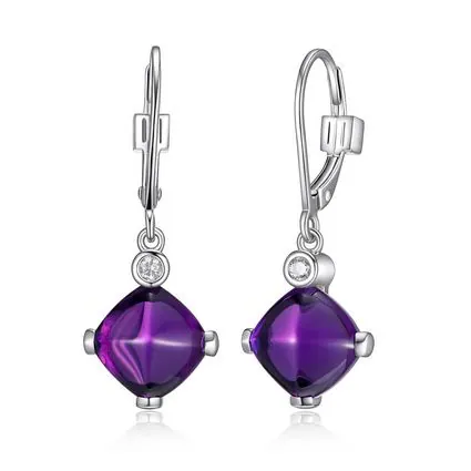 Sterling Silver Earrings made of Synthetic Dark Amethyst (Cushion 8x8x5mm) and CZ, Lever Back, Rhodium Plated