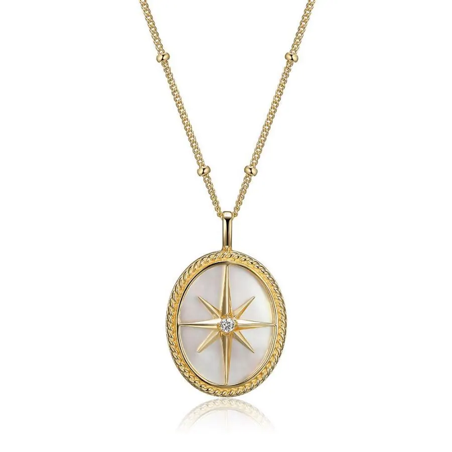 Sterling Silver Necklace made of White Mother of Pearl (Oval 18x14mm) and CZ, 17″+3″, Yellow Gold Plated