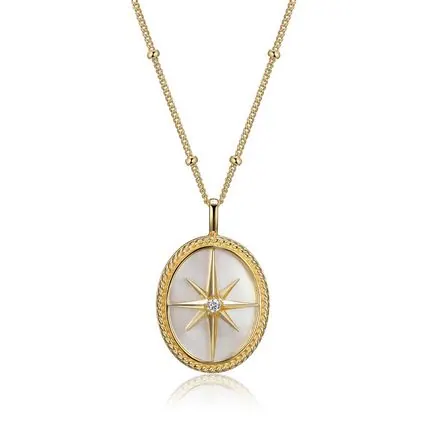 Sterling Silver Necklace made of White Mother of Pearl (Oval 18x14mm) and CZ, 17″+3″, Yellow Gold Plated view 2