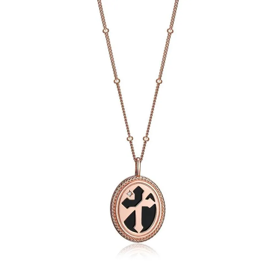 Sterling Silver Necklace made of Black Agate (Oval 18x14mm) and CZ, 17″+3″, Rose Gold Plated