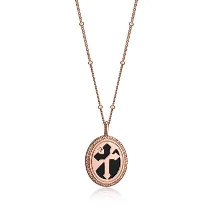 Sterling Silver Necklace made of Black Agate (Oval 18x14mm) and CZ, 17″+3″, Rose Gold Plated view 2