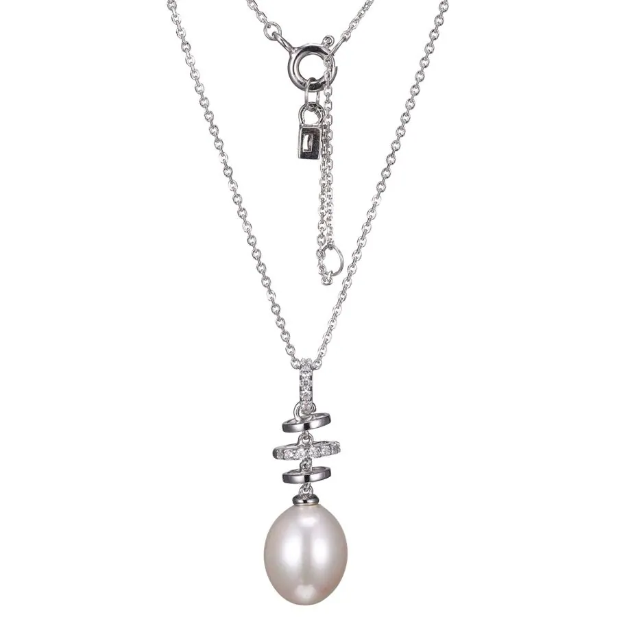 SS RHOD PLTD NECK DH5071 WHITE SHELL PL OV 12X10MM & 3A CZ RD 1.5X1.2MM FACETED PATTERNED CROSS SHAPE CHAIN 18″ EXT 2″
