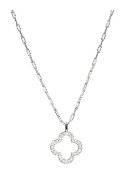 Sterling Silver Necklace made with Paperclip Chain (2mm) and CZ Clover Pendant (25x20mm), Measures 17″ Long, Plus 2″ Extender for Adjustable Length, Rhodium Finish