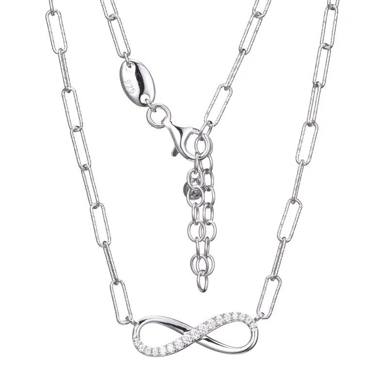 Sterling Silver Necklace made with Diamond Cut Paperclip Chain (3mm) and Reversible CZ Infinity (24x8mm) in Center, Measures 17″ Long, Plus 2″ Extender for Adjustable Length, Rhodium Finish