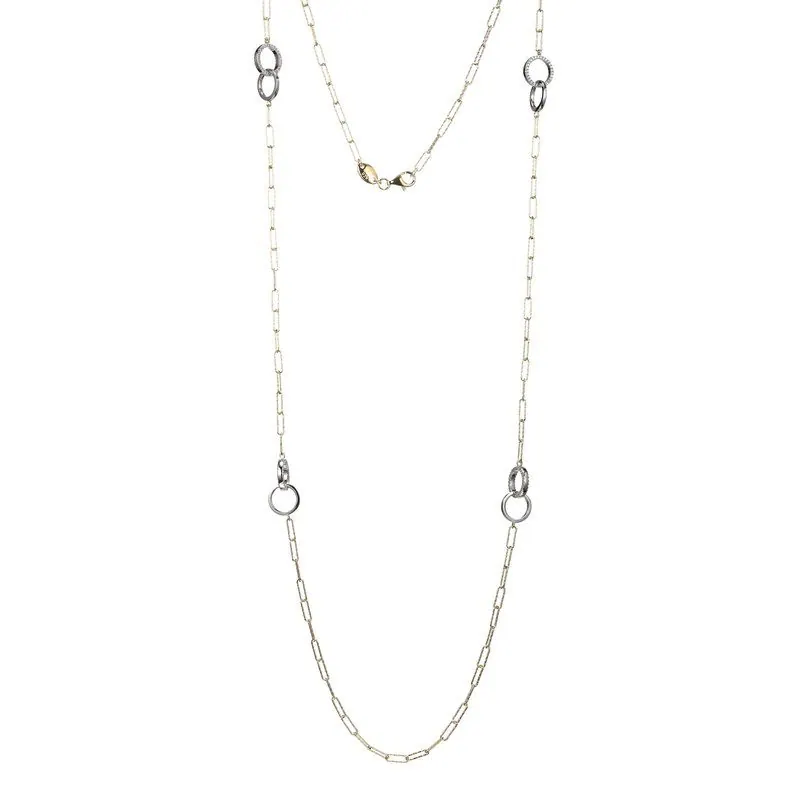 Sterling Silver Necklace made with Diamond Cut Paperclip Chain (3mm) and 4 Double Circle (one CZ Circle, one Plain Circle) Stations, Measures 36″ Long, 2 Tone, 18K Yellow Gold and Rhodium Finish