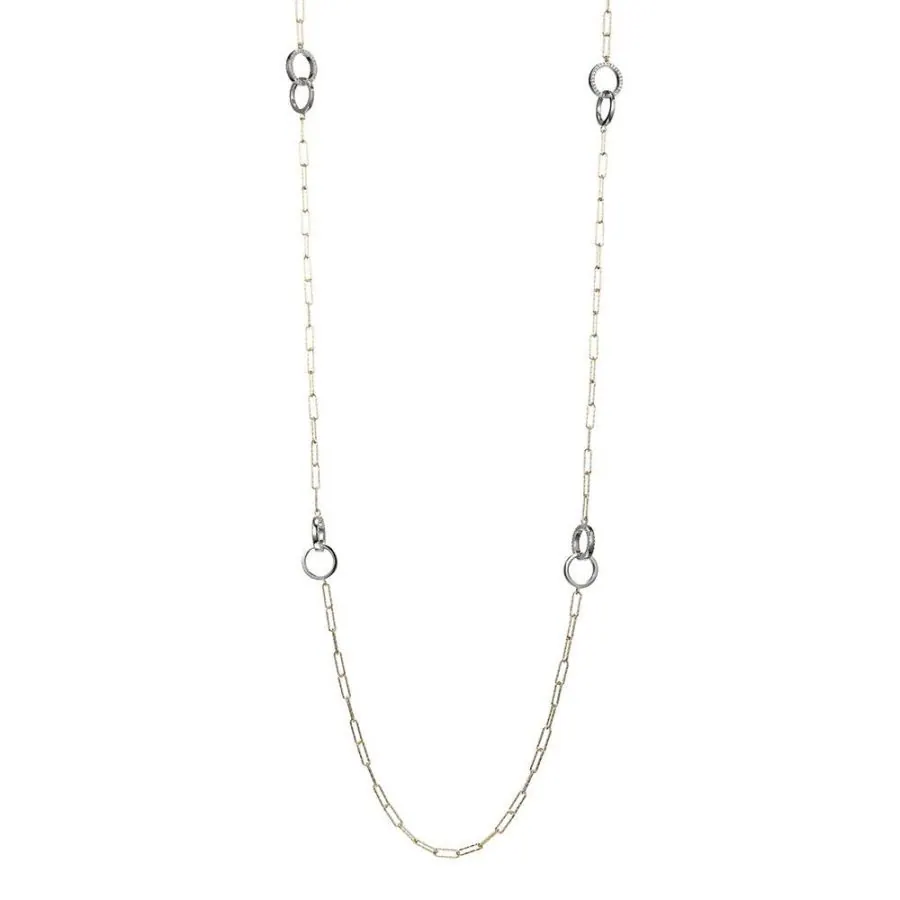 Sterling Silver Necklace made with Diamond Cut Paperclip Chain (3mm) and 4 Double Circle (one CZ Circle, one Plain Circle) Stations, Measures 36″ Long, 2 Tone, 18K Yellow Gold and Rhodium Finish view 2