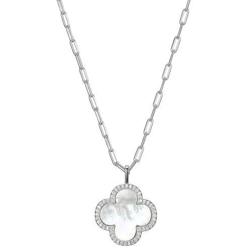 Sterling Silver Necklace made with Paperclip Chain (2mm) and Clover Pendant (25x19mm), Stones are Mother of Pearl and CZ, Measures 17″ Long, Plus 2″ Extender for Adjustable Length, Rhodium Finish