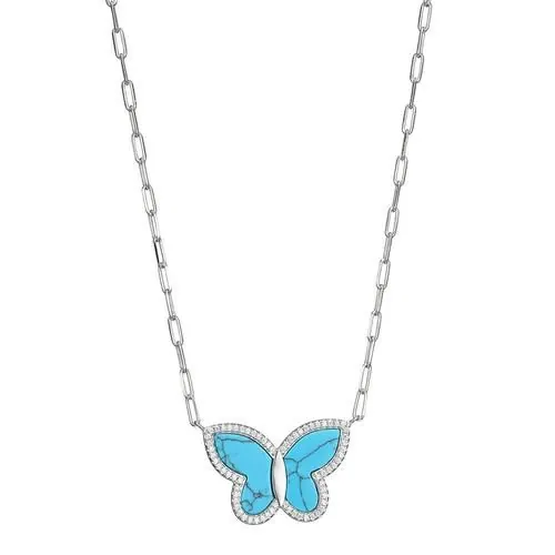 Sterling Silver Necklace made with Paperclip Chain (2mm) and Butterfly (25x17mm) in Center, Stones are Synthetic Turquoise and CZ, Measures 17″ Long, Plus 2″ Extender for Adjustable Length, Rhodium Finish