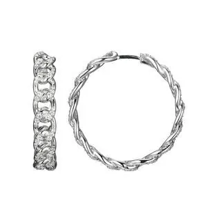 Sterling Silver Hoop Earrings with CZ, 30mm, Hinged Snap Back, Rhodium Finish