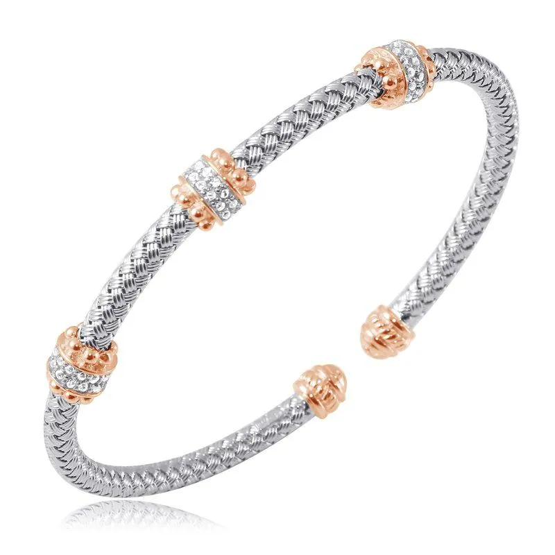 Sterling Silver 4mm Mesh Cuff with Created Sapphire, 2 Tone, Rhodium and Rose Gold Finish