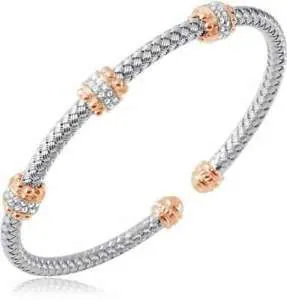 Sterling Silver 4mm Mesh Cuff with Created Sapphire, 2 Tone, Rhodium and Rose Gold Finish view 2