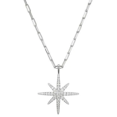 Sterling Silver Necklace made with Paperclip Chain (2mm) and CZ Starburst Motif (25x25mm), Measures 17″ Long, Plus 2″ Extender for Adjustable Length, Rhodium Finish