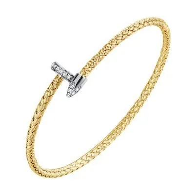 Sterling Silver 3mm Mesh Cuff with CZ, 2 Tone, 18K Yellow Gold and Rhodium Finish view 2