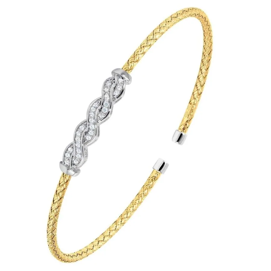 Sterling Silver 3mm Mesh Cuff with CZ, 2 Tone, 18K Yellow Gold and Rhodium Finish
