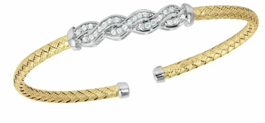 Sterling Silver 3mm Mesh Cuff with CZ, 2 Tone, 18K Yellow Gold and Rhodium Finish view 2