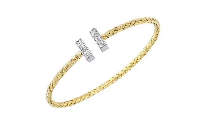 Sterling Silver 3mm Mesh Cuff with CZ, 2 Tone, 18K Yellow Gold and Rhodium Finish