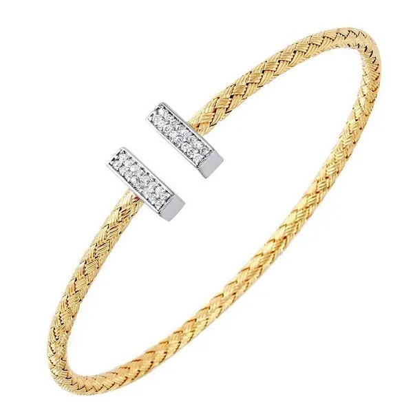 Sterling Silver 3mm Mesh Cuff with CZ, 2 Tone, 18K Yellow Gold and Rhodium Finish view 2
