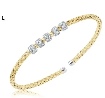 Sterling Silver 3mm Mesh Cuff with CZ, 2 Tone, 18K Yellow Gold and Rhodium Finish