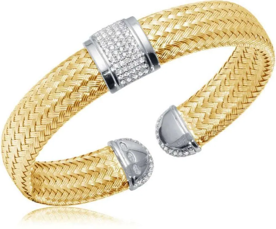 Sterling Silver 12mm Mesh Cuff with CZ, Reversible, 2 Tone, 18K Yellow Gold and Rhodium Finish