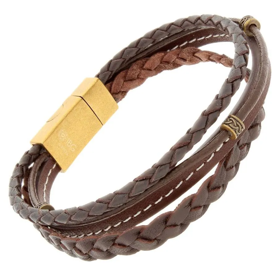 Brown Layered Leather Bracelet with Magnetic 316L Stainless Steel and Clasp. 8.5″