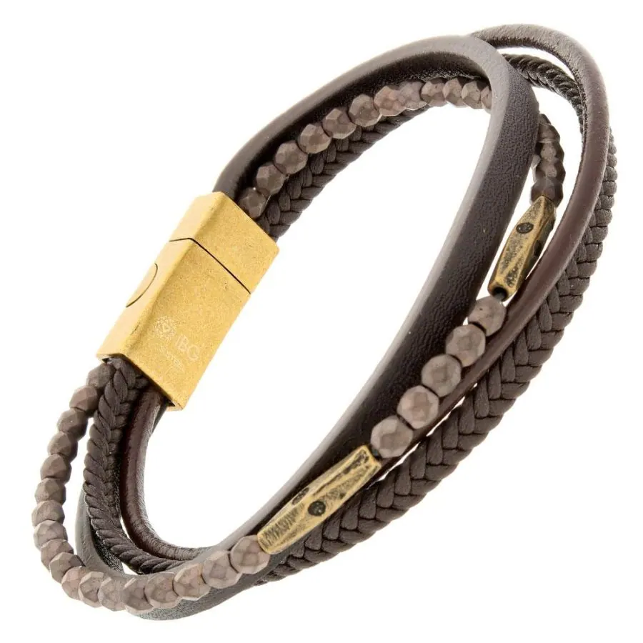 Brown Layered Leather Bracelet with Brass Beads and Magnetic 316L Stainless Steel Clasp. 8.5″