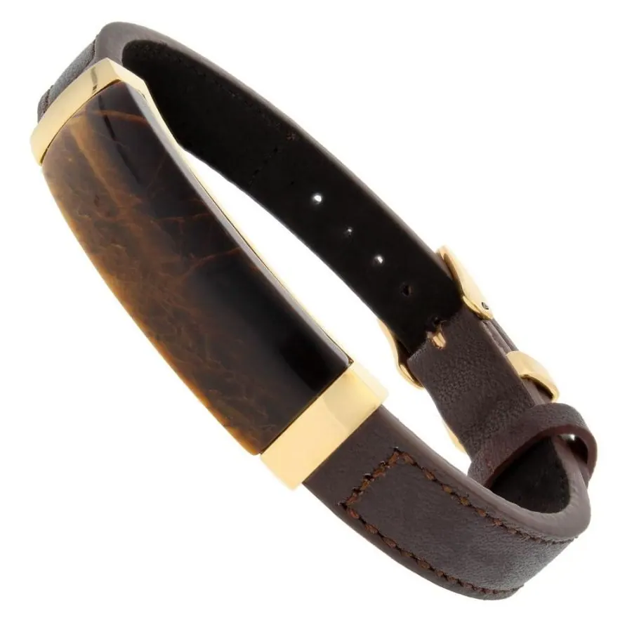 316L Stainless Steel Bracelet with TigerEye inlay and Gold Ion-Plating. Adjustable 7″-9″ Brown Leather Strap.