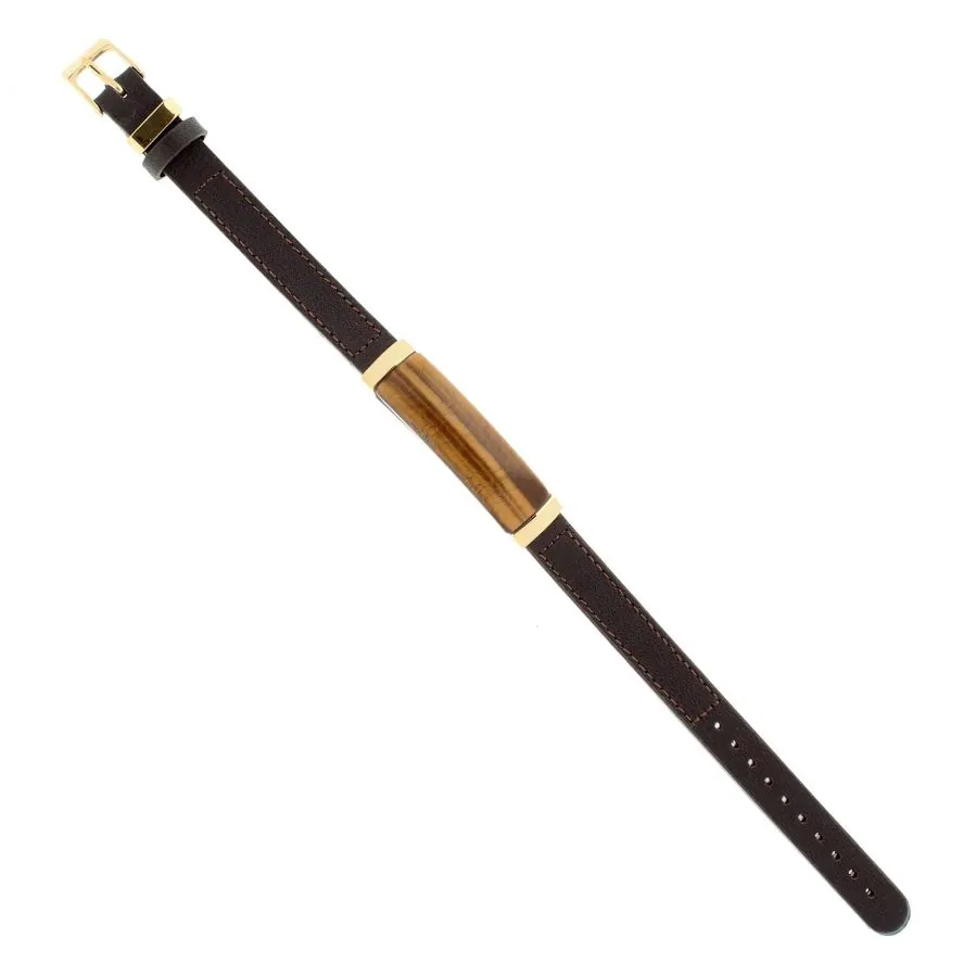 316L Stainless Steel Bracelet with TigerEye inlay and Gold Ion-Plating. Adjustable 7″-9″ Brown Leather Strap. view 2