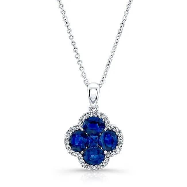 18K WHITE GOLD NATURAL COLOR WHITE GOLD VINTAGE SAPPHIRE FLOWER DIAMOND PENDANT