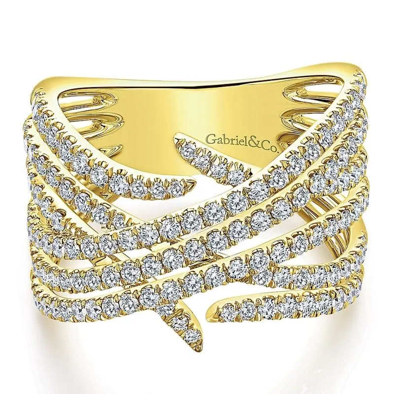 Gabriel & Co. 14K Yellow Gold Intersecting Rows Wide Diamond Ring