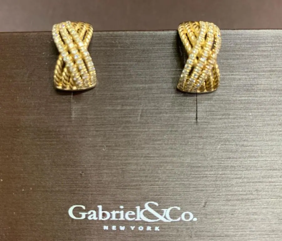 Gabriel & Co. 14k yellow gold Twisted Diamond “Huggie” Hoop Earrings view 3
